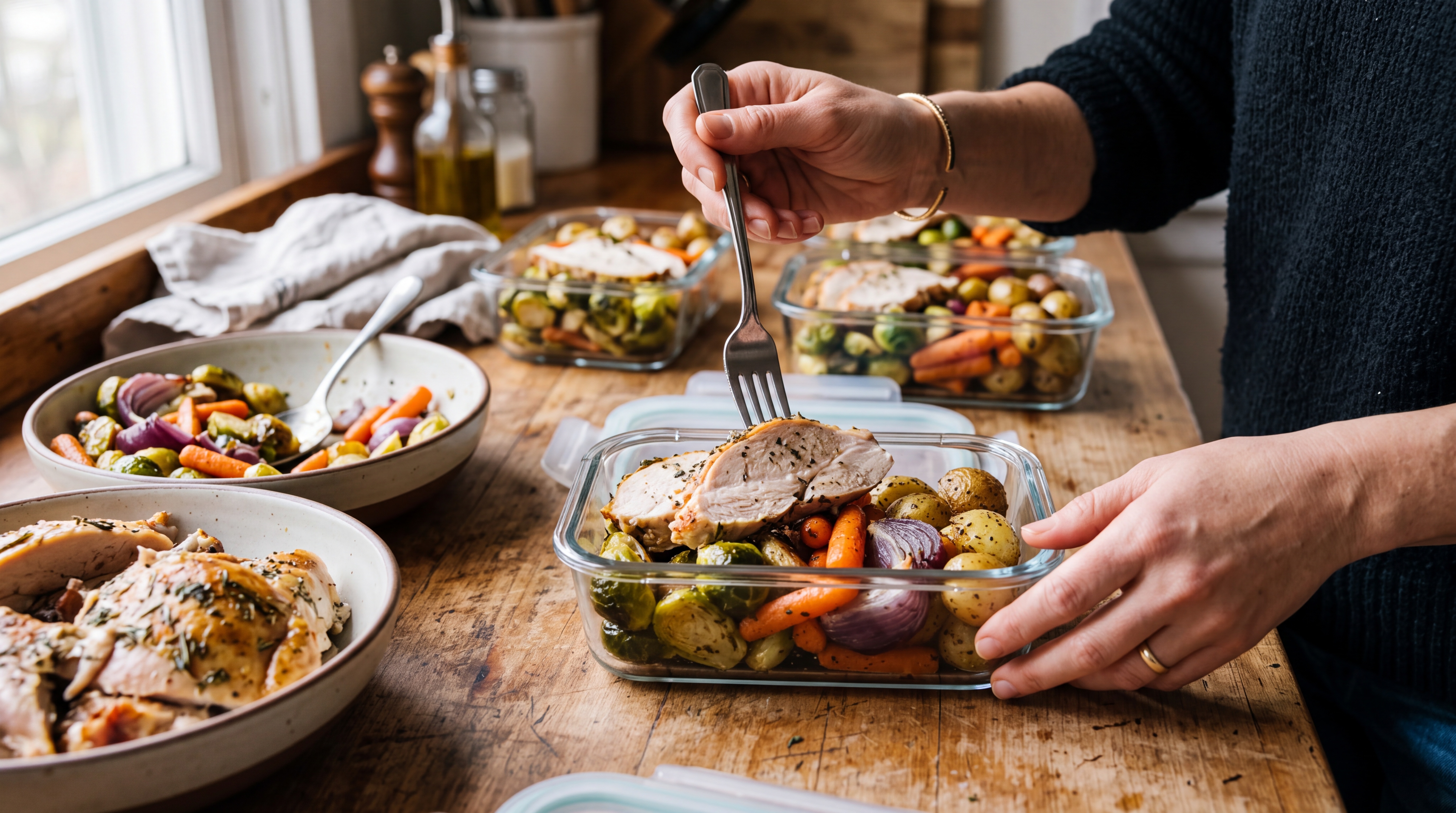 Packaging leftover thanksgiving meals in reusable containers