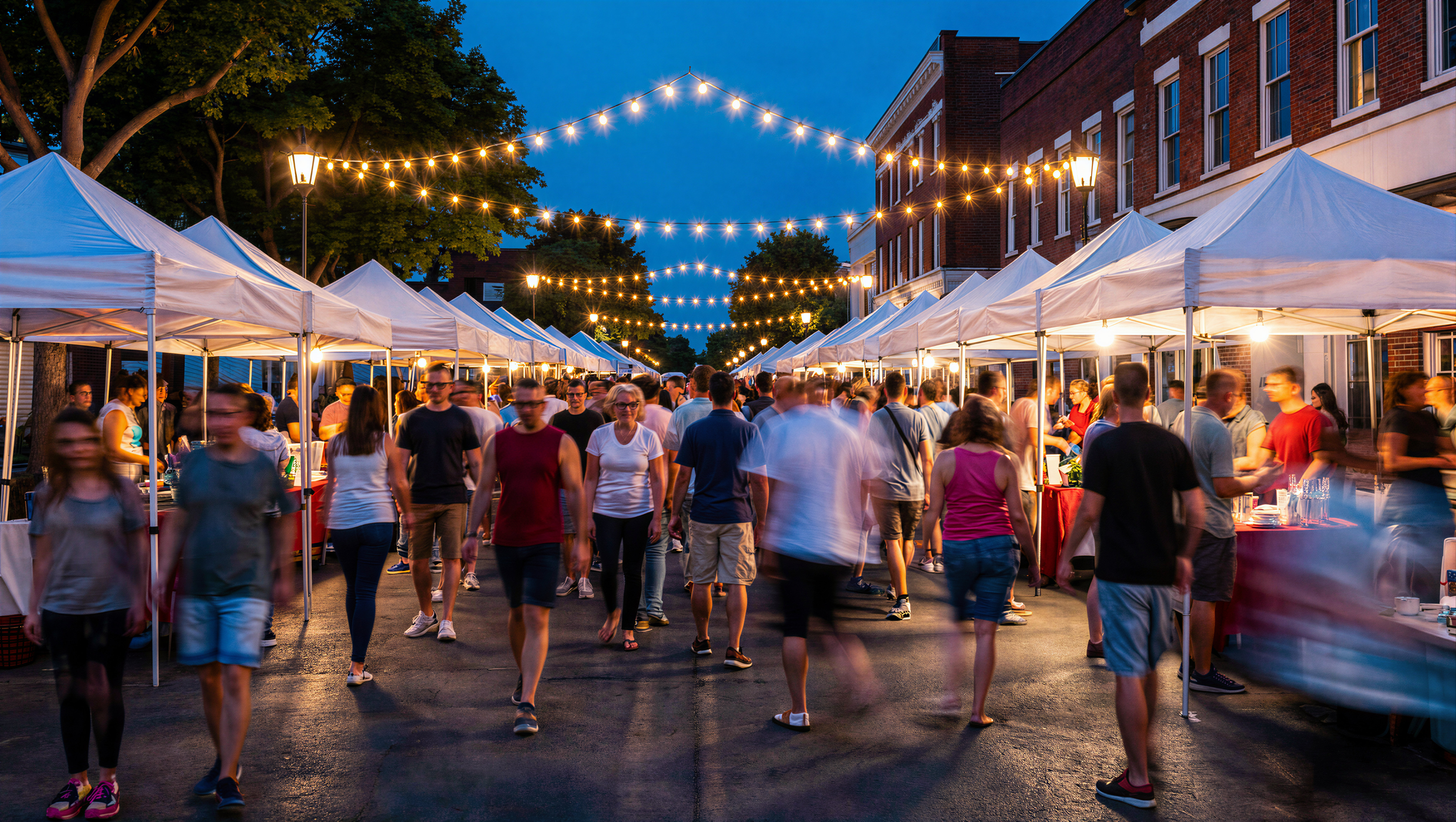 People walking through a lively outdoor summer festival at sunset, with colorful lantern lights overhead and vendor booths lining both sides of the street.