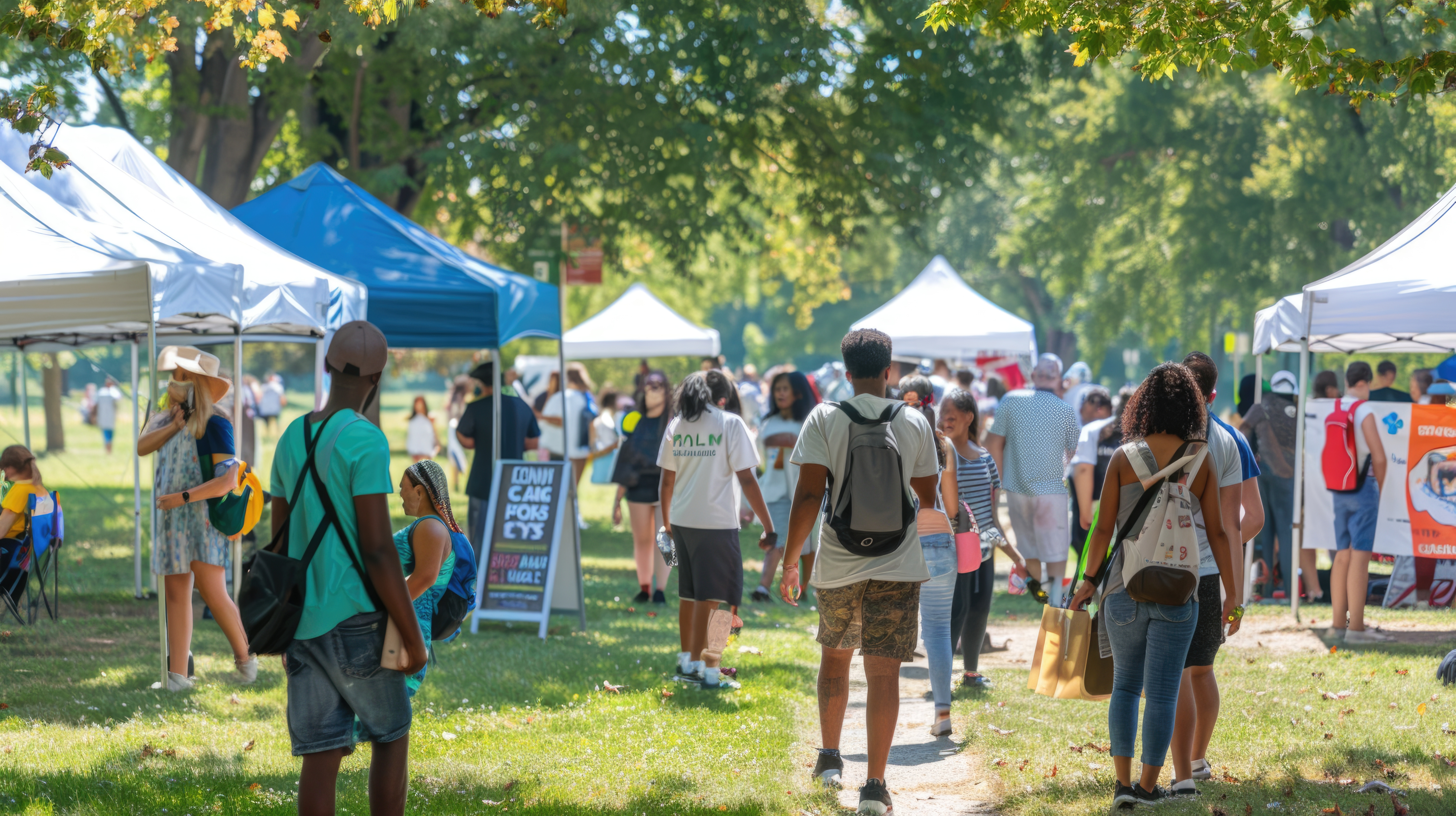 People walking through an outdoor community event with vendor tents in a park during daytime.
